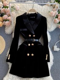 Women's Suits Blazers Coat Velvet Jacket Winter Double Breasted Long Sleeve Ladies Black Belt Slim Outwear 230509