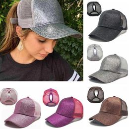 Ball Caps Glitter Women Baseball Cap Ponytail Mesh Hat Casual Sport Sun Sequins Shining Washed Cotton Adjustable Hats 230508