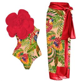 Women's Swimwear Red Print Deep V Bikini Set And Cover Up Ruffle Straps Backless Sexy Beachwear Ladies Slim High Waist Fit Summer Swimsuit 230508