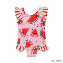 Two-Pieces 6-36 Months Infant Girls Summer Swimsuit Cute Daisy Watermelon Printing Fly Sleeve Lace Swimwear For Girls Infant