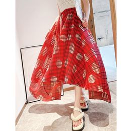 Skirts Contrasting Colour Chequered Plaid Wave Dot Printing Pleated Elastic High Waist 180 Degree Irregular Semicircle Red SkirtSkirts