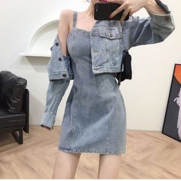 Two Piece Dress womens plus size net red fried street stitching denim jacket suspender dress twopiece 230509