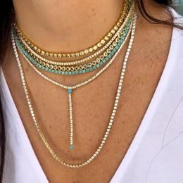 Luxury Fashion Chains Iced Out Jewellery 3MM Round Bezel Set Geometric CZ Tennis Chain Choker Necklace Silver Gold Green For Women