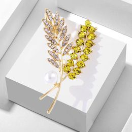 Brooches Fashion Wheat Ear Shape Women Elegant Yellow Imitation Pearl Crystal Plant Pins Party Suit Coat Clothes Accessories