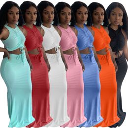 Two Piece Dres Sets Ruched Drawstring Sleeveless Tank Crop Top and High Waist Mermaid Maxi Skirt Set for Women Elegant 230508