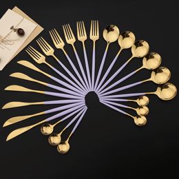 Dinnerware Sets 24Pcs Cutlery Set Stainless Steel Tableware Purple Gold Dinnerware Knife Fork Spoon Dinner Silverware Kitchen Flatware 230506