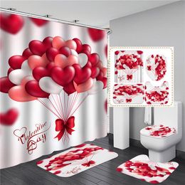 Curtains Rose Fabric Bathroom Curtain Set Valentine Day Gift Bath Rug Mat Pink Heart Waterproof Bathtub Screen Full Complete Accessories