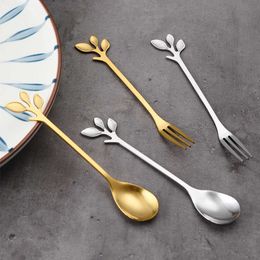 Coffee Scoops 6pcs stainless steel golden coffee spoons branch leaves spoon fruit fork dessert ice cream tea shaking spoons kitchen utensils P230509