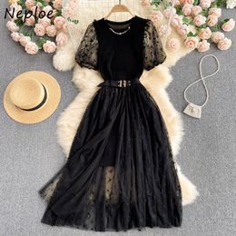 Two Piece Dress Neploe Ladies Mesh Patchwork Suits Women Puff Short Sleeve Knitted High Waist Belt Slim Gauze Split Skirt Sets 230509