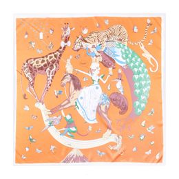 Sarongs Manual Hand Rolled Twill Silk Scarf Women Animals Print Square Scarves Wraps Echarpes Curled Foulards Femme Bandana Hijab 90CM 230508