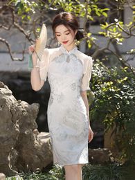 Ethnic Clothing Fashion Dresses Lace Short Sleeve Cheongsam Summer Vintage Chinese Style Blue Floral Print Long Qipao