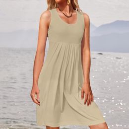 Casual Dresses Boho Women Loose Dress Causual O Neck Sleeveless Ruffles Mini Solid Colour Beach Sundress Oversized 2023 Summer Clothing