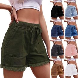 Women's Shorts Elastic Waist Drawstring Casual High Raws Edge Denims Short Pant Female Tides Pockets Soft Bottom Wear 10CF