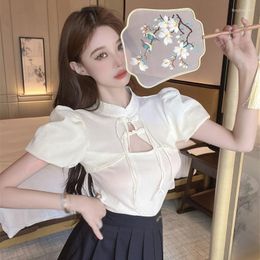 Women's Blouses Bubble Sleeves Chinese Style Women's Tops Short Sleeved Shirts Solid Colour