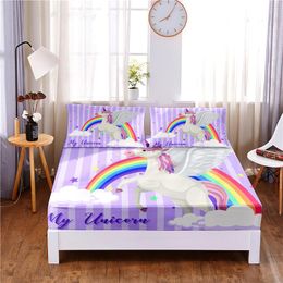 Set Unicorn 3pc Polyester Solid Fitted Sheet Mattress Cover Four Corners With Elastic Band Bed Sheet(2 pillowcases)