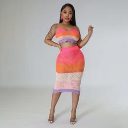 Two Piece Dress Fashion Rainbow Beach Skirt Suit Women Ribbed Knit Strap Tank and Bodycon Maxi Set Summer Sexy Outfits Tracksuit 230509