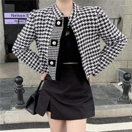 Women's Jackets Small Fragrance Retro Houndstooth Tweed Jacket Coat Autumn Winter Women Brand Long Sleeve Woollen Plaid Top Outwear