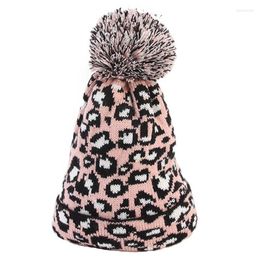 Berets Women Winter Knit Beanie Hat Ear Warmer Leopard Pattern Pompom Cuffed Skull Cap Drop