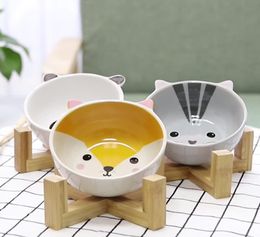 Feeding Ceramic Dog Bowl Raised Round Dog Cat Bowl No Spill Pet Dish for Food Water Feeding Cute Cartoon Printed Pet Dog Elevated Dish