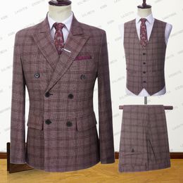 Men's Suits Blazers Latest Men Double Breasted Linen Suits Wine Red Reto Classic Plaid Slim Fit Tuxedos Wedding 3 Pcs Set Jacket Vest Pants 230509