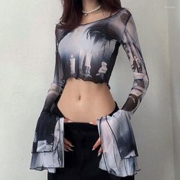 Women's T Shirts Flare Sleeve See Through T-shirts Emo Lettuce Hem Sexy Streetwear Casual Punk Aesthetic Print Y2k Mesh Women Crop Tops For