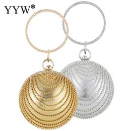 Evening Bags Circular Ring Metal Gold/sliver Rhinestone Round Ball Handbags Elegant Luxury Clutch Purse Small Wedding Wallets 230427