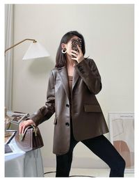 Women's Leather Korean Design Coffee Genuine Sheepskin Jackets Women's 2023 Mid Length Real Coats