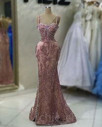 Aso Ebi 2023 Arabic Mermaid Pink Prom Dress Crystals Beaded Sexy Evening Formal Party Second Reception Birthday Engagement Gowns Dresses Robe de Soiree SH017
