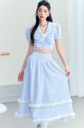 Two Piece Dress French Holiday Lace Doll Collar Puff Sleeve Corsage Flowers High Waist Midi Length Skirt 2 Set Women Outfit Korean Style 230509