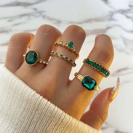 Band Rings Fashion 5Pcs Green Crystal Rings Set for Women Gold Plated Vintage Aesthetic Geometric Luxury Lady Jewelry Gifts 2023 trendy Z0509