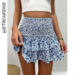 Skirts Summer Beach Boho Blue Pleated Ruffles Floral Printed Mini Elegant Sweet High Waist ALine Short Dress Woman Clothes 230509