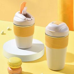 Coffee Tea Tools New 480ml stainless steel thermal coffee cup straw thermal bottle leakproof coffee mug insulated water bottle travel office drinkware P230509