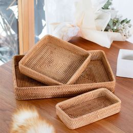 Storage Baskets Handmade Latan storage basket square wicker tray picnic basket bread plate fruit cake drying box kitchen decoration 230508