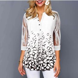 T-Shirt Shirt Blouse Female Spring New Tops Vneck Half Sleeve Lace Splice Print Boho Women shirt