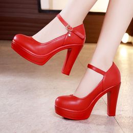 Height Increasing Shoes Sexy Women Leather Red Round Toe High Heels Mary Jane Pumps Female Thick Platform Big Size Ladies Wedding Bridal A0025 230508