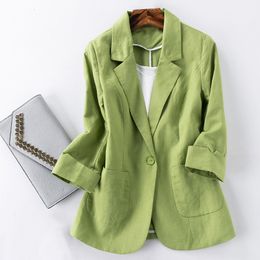 Women's Suits Blazers Cotton Linen Jacket Women Summer Outwear High Quality Solid Single Button Notched Three Quarter Sleeve Top 230509