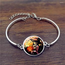 Charm Bracelets 2023 Fashion Halloween Glass Dome Bat Moon Pattern Bracelet Simple Hook Silver Colour For Men Women Holiday Jewellery Gift