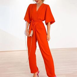 Women's Swimwear Beach Dress 2023 Women For Cover Up Collection Pure Colour Neck Loose Short Sleeve Tether High Waist JumpSuit Solid
