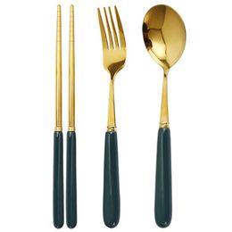 Party Favor Portable 304 Stainless Steel Ceramics Three Pieces Set Travel Camping Utensil Flatware Dinnerware Gifts W/Chopsticks Fork Spoon