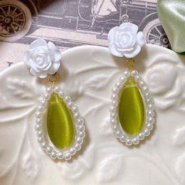 Dangle Earrings French Fashion Grace Tender For Women Sense Of Design White Rose Pearl Green Opal Jewellery Water Drop Ear Clip