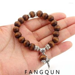 Link Bracelets Men Boho Natural Wood Beads Charm Jesus Cross Onyx Meditation Prayer Bead Bracelet Women Wooden Yoga Jewellery