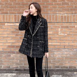 Women's Wool & Blends Arrival Women Tweed Coat Fashion Runway Autumn Winter Notched Collar Black Tassel Jacket Outwear