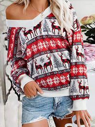 Women's Blouses Christmas Elk Print Women Loose Pullovers Casual Female Patchwork Long Sleeve Tops Autumn Winter Party Club V Neck Blouse