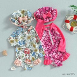 Two-Pieces Long Sleeve Infant Baby Girls Summer Swimsuits Beachwear Floral/Scale Print Long Sleeve Ruffles Zipper SwimwearandSwimming Cap Set