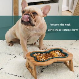 Feeding Dog Bowls Ceramic Dog Food Bowl with Wood Stand AntiSlip Elevated Pet Feeding Dishes for Large Cats and Medium Dogs Pet Feeder