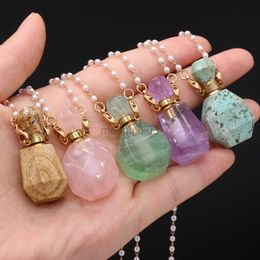 Pendant Necklaces Natural Stone Perfume Bottle Charms Rose Quartzs Amethysts Essential Oil Diffuser Pearl Beads Y23