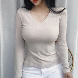 Women's T Shirts Sexy V-Neck Shirt Women Tops 2023 Spring Korean Style Cotton Tee Long Sleeve Top Woman Clothes Poleras Mujer