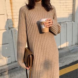 Casual Dresses Autumn Winter Half High Collar Thickened Knitted Dress For Women Elegant Loose Long Sweater Korean Warm Slim 2023