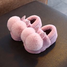 Slipper Indoo Children Cotton Shoes Winter Warm Pink Furry Rabbit Ears Cat Pattern Non-slip Baby Girl Slippers Kids Shoes Slippers Kids 230509