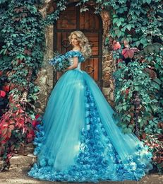 Blue Quinceanera Vintage Ball Gown Fairy Hand Made Flowers Off Shoulder Tulle Sweet 16 vestidos de 15 anos 생일 드레스